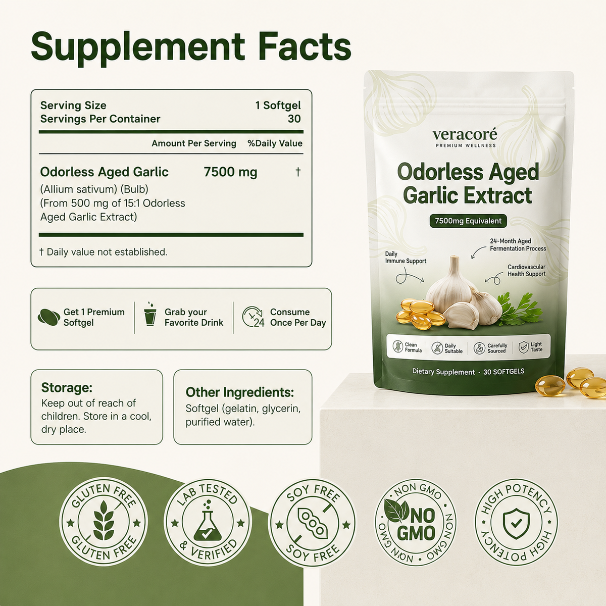Odorless Aged Garlic Extract 7500mg Equivalent